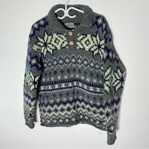 Vintage Nuevo Americana Grey Cream Navy Snowflake Fair Isle Wool Knit Sweater S